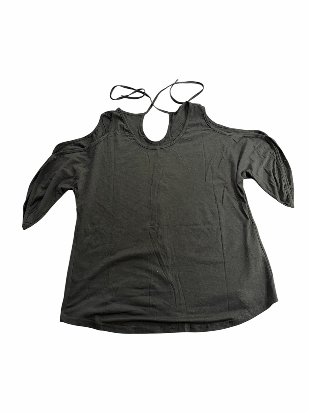 Black Cold Shoulder Strappy Top Women's Size M Split Short Sleeve Cutout Shirt